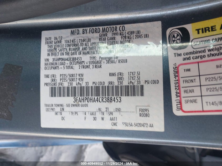 2012 FORD FUSION VIN: 3FAHP0HA4CR388453