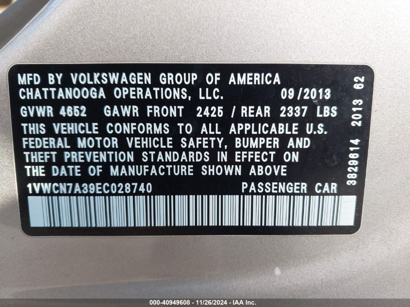 VIN 1VWCN7A39EC028740 2014 Volkswagen Passat, 2.0L... no.9