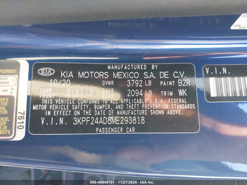 2021 Kia Forte Lxs VIN: 3KPF24AD8ME293818 Lot: 40949751