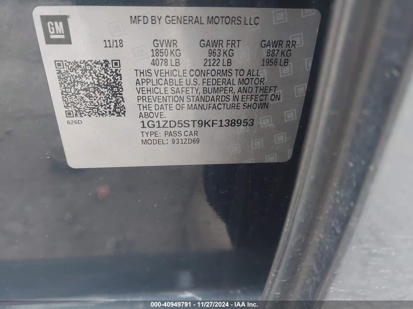 2019 CHEVROLET MALIBU VIN: 1G1ZD5ST9KF138953