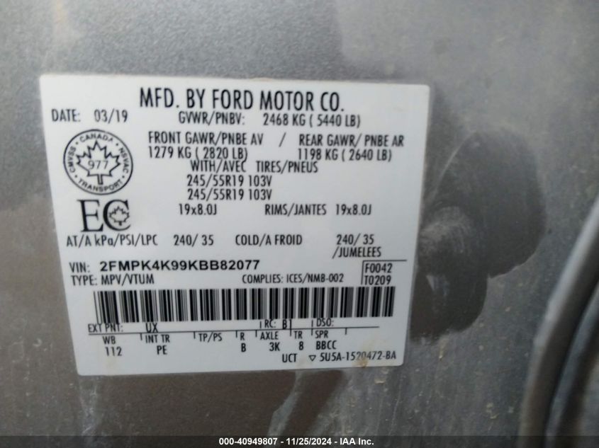 VIN 2FMPK4K99KBB82077 2019 FORD EDGE no.9