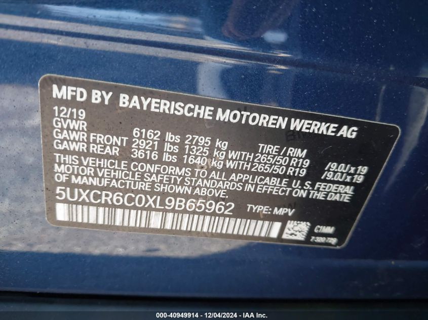 VIN 5UXCR6C0XL9B65962 2020 BMW X5, Xdrive40I no.9