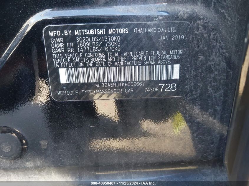 VIN ML32A5HJ1KH009667 2019 Mitsubishi Mirage, LE no.9