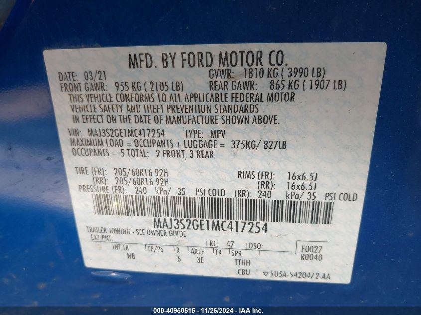 2021 Ford Ecosport Se VIN: MAJ3S2GE1MC417254 Lot: 40950515