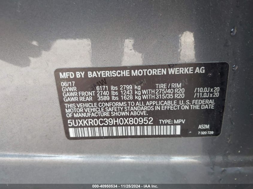 VIN 5UXKR0C39H0X80952 2017 BMW X5, Xdrive35I no.9