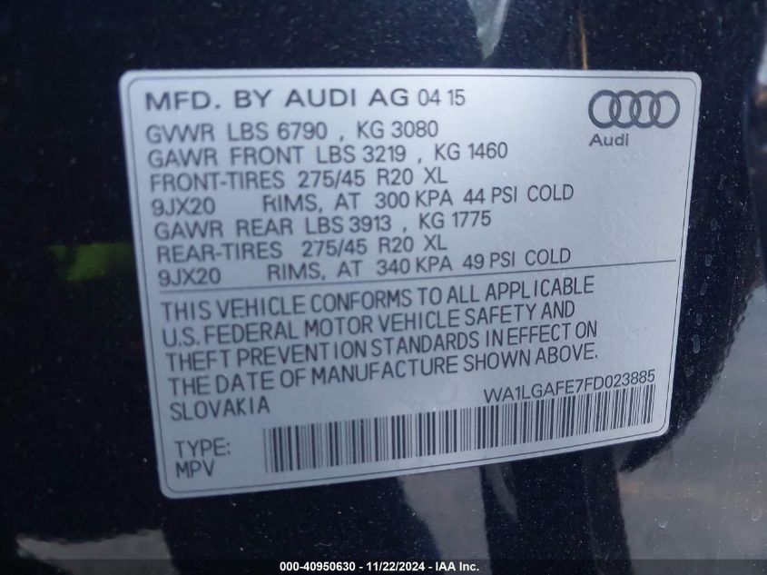 2015 Audi Q7 3.0T Premium VIN: WA1LGAFE7FD023885 Lot: 40950630