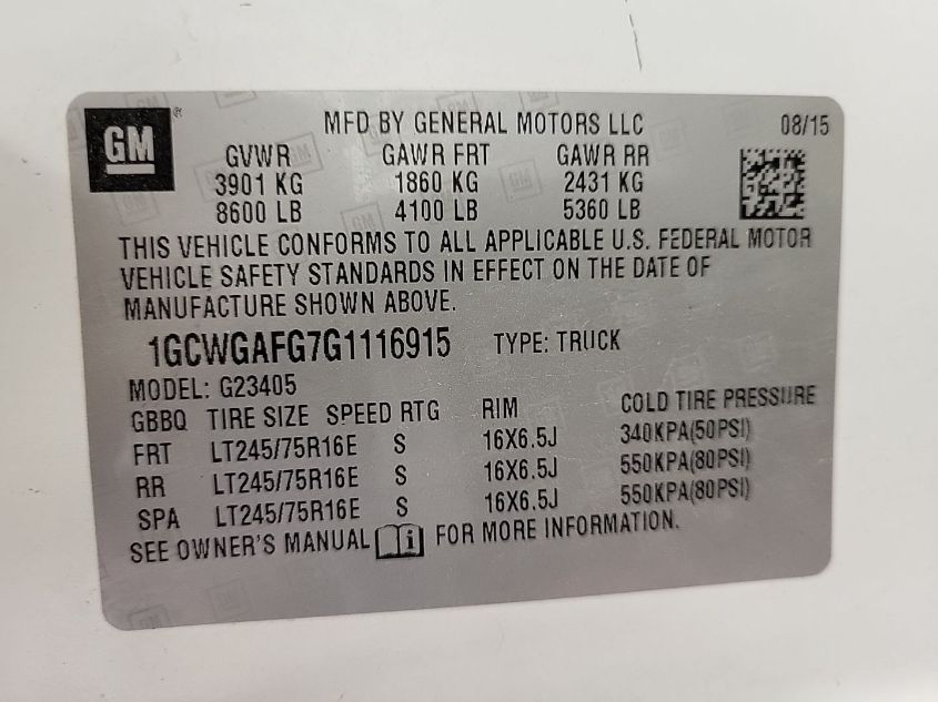 2016 Chevrolet Express G2500 VIN: 1GCWGAFG7G1116915 Lot: 40950667