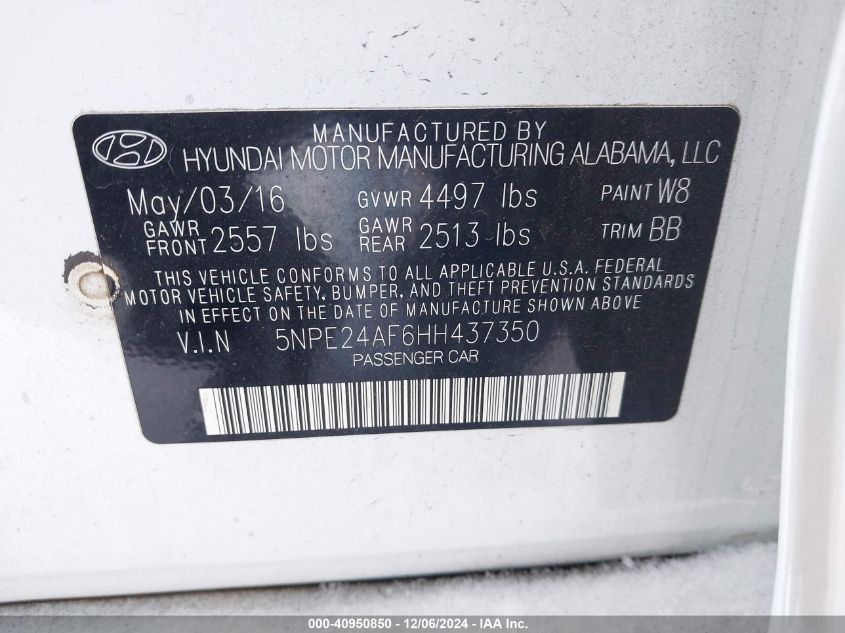 VIN 5NPE24AF6HH437350 2017 Hyundai Sonata, SE no.9