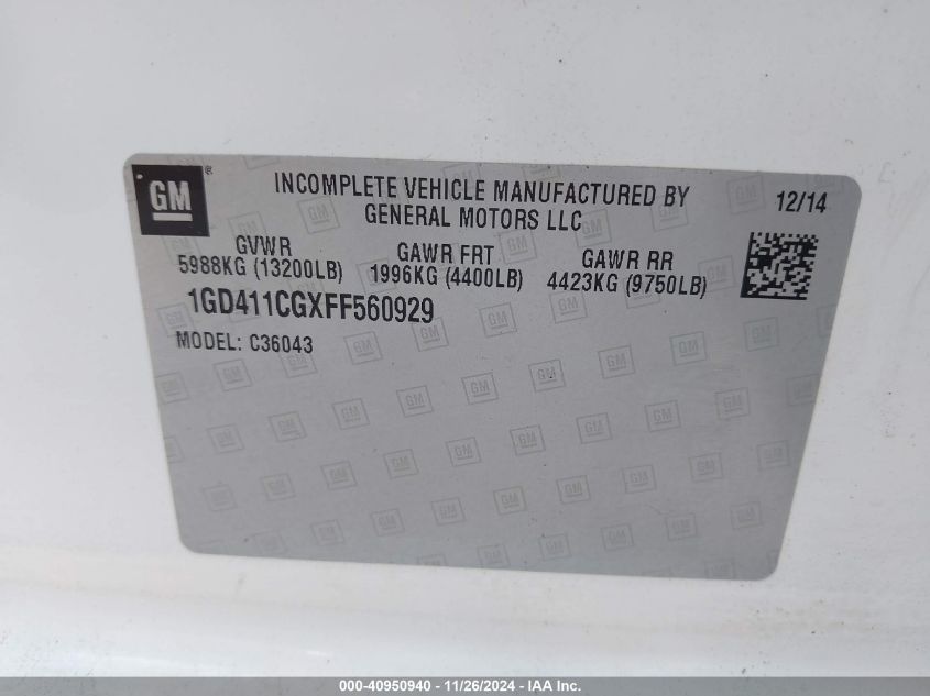 2015 Unknown Sierra 3500Hd Chassis VIN: 1GD411CGXFF560929 Lot: 40950940