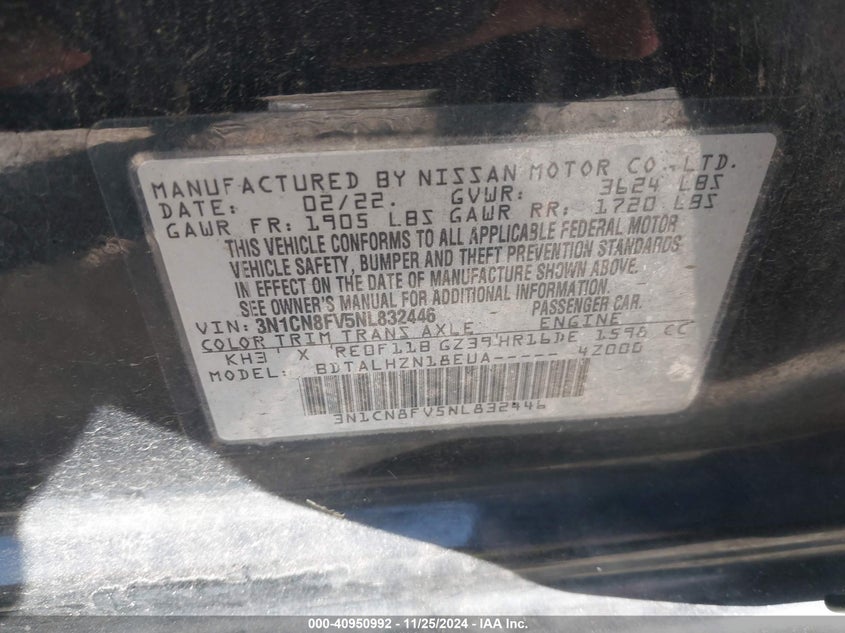 2022 Nissan Versa 1.6 Sr Xtronic Cvt VIN: 3N1CN8FV5NL832446 Lot: 40950992
