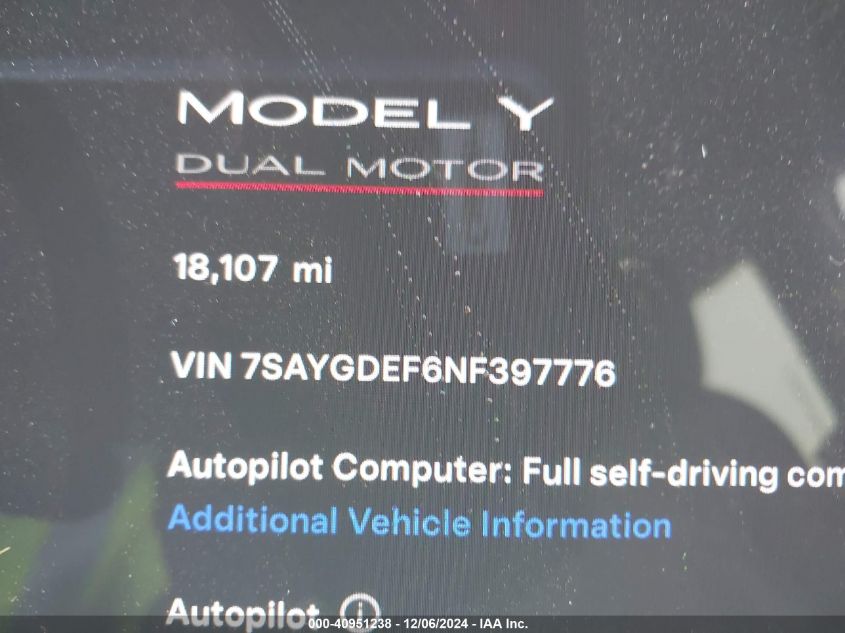 2022 Tesla Model Y Performance Dual Motor All-Wheel Drive VIN: 7SAYGDEF6NF397776 Lot: 40951238