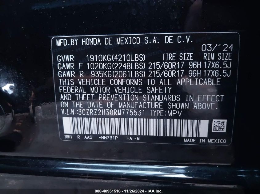 2024 Honda Hr-V Awd Lx VIN: 3CZRZ2H38RM775531 Lot: 40951516