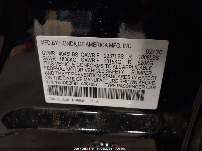 2020 Acura Ilx Premium A-Spec Packages/Technology A-Spec Packages VIN: 19UDE2F83LA004037 Lot: 40951579