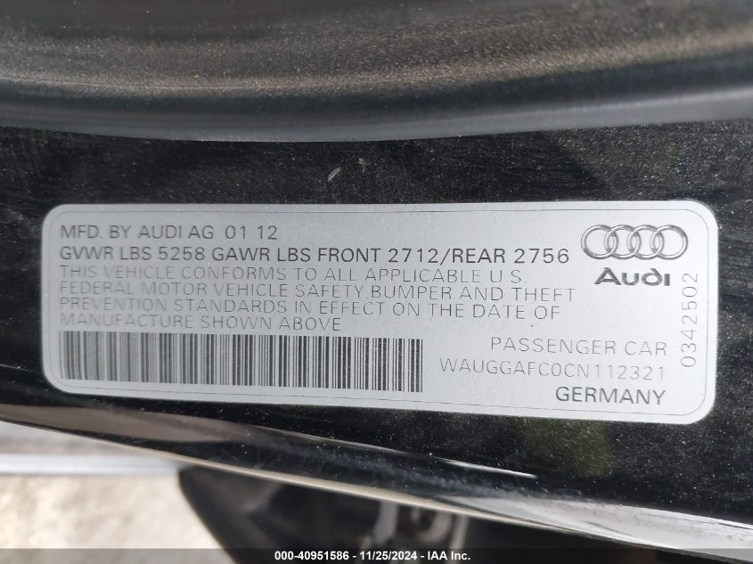 2012 Audi A6 3.0 Premium VIN: WAUGGAFC0CN112321 Lot: 40951586