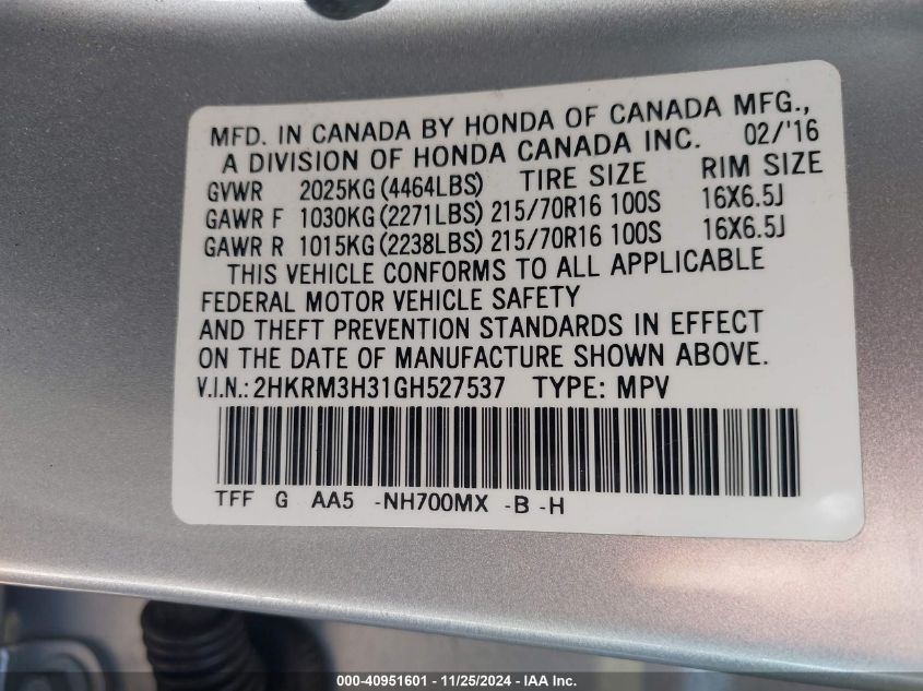 2016 HONDA CR-V LX - 2HKRM3H31GH527537