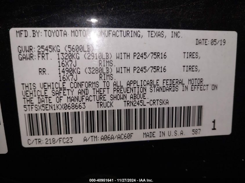 VIN 5TFSX5EN1KX068663 2019 TOYOTA TACOMA no.9