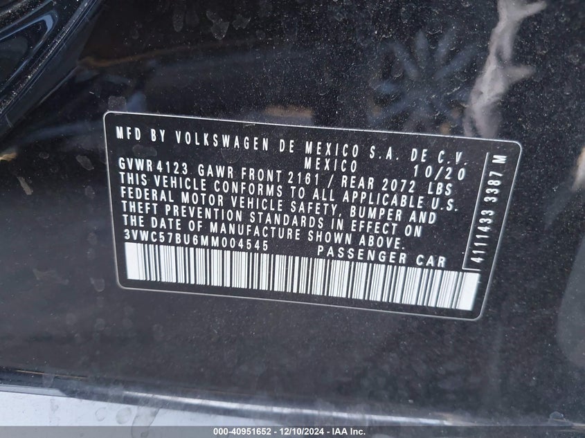 2021 VOLKSWAGEN JETTA(VIN: 3VWC57BU6MM004545