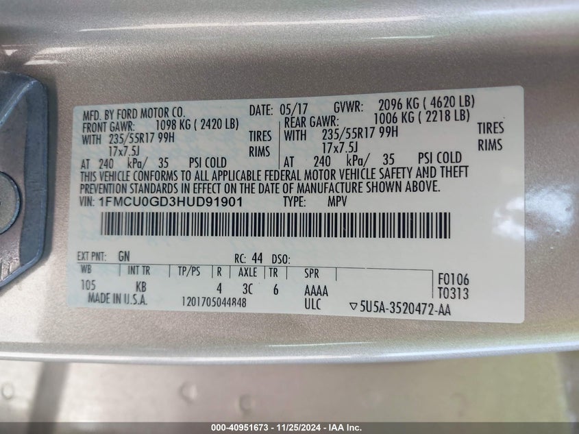 VIN 1FMCU0GD3HUD91901 2017 FORD ESCAPE SE