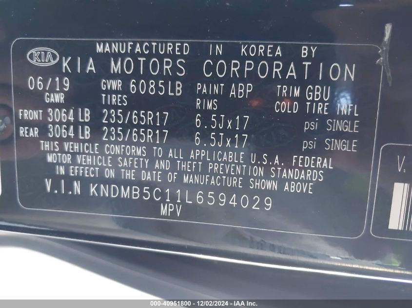 2020 Kia Sedona Lx VIN: KNDMB5C11L6594029 Lot: 40951800