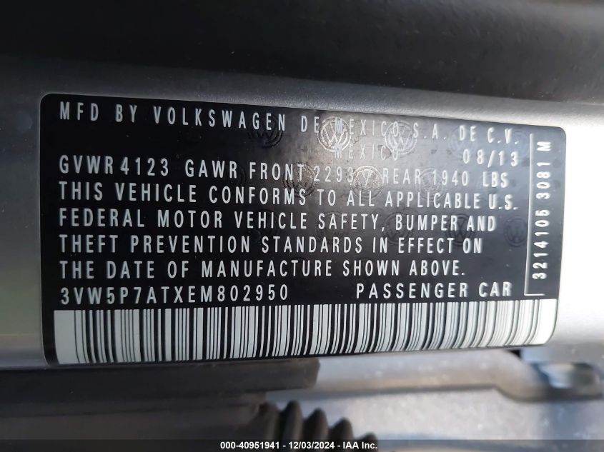 VIN 3VW5P7ATXEM802950 2014 VOLKSWAGEN BEETLE no.9