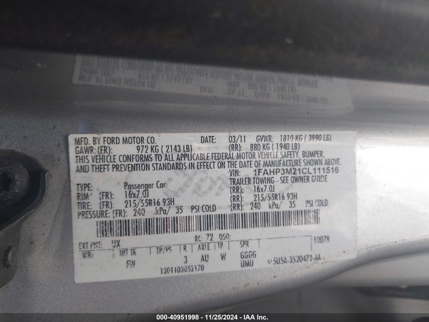 2012 FORD FOCUS VIN: 1FAHP3M21CL111516