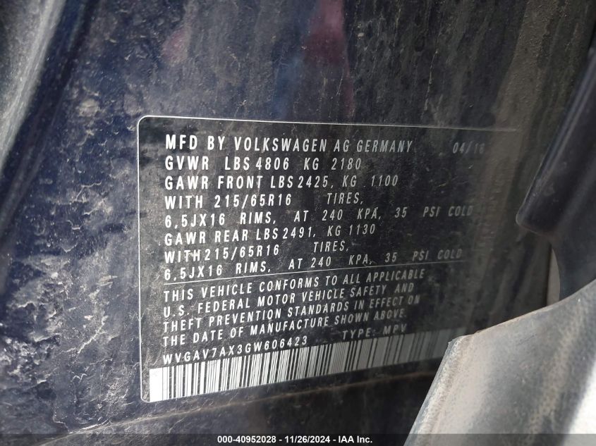 2016 Volkswagen Tiguan R-Line/S/Se/Sel VIN: WVGAV7AX3GW60642 Lot: 40952028