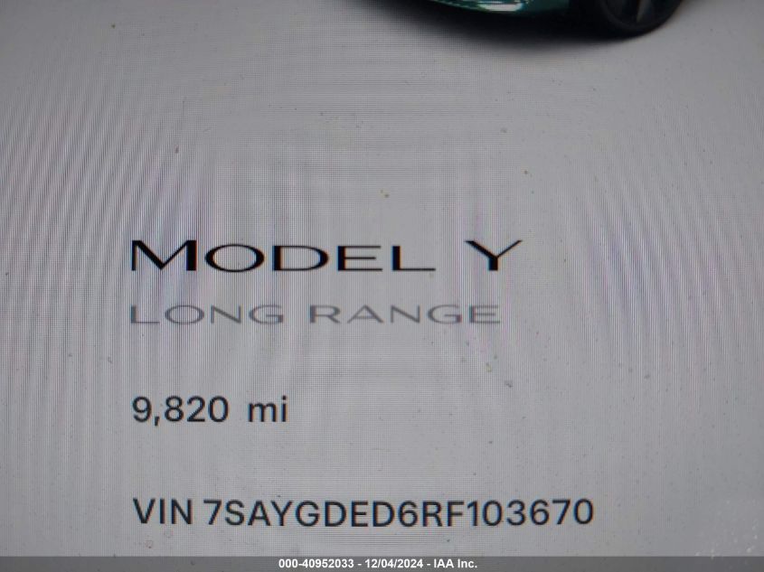 2024 Tesla Model Y Long Range Dual Motor All-Wheel Drive/Rwd VIN: 7SAYGDED6RF103670 Lot: 40952033