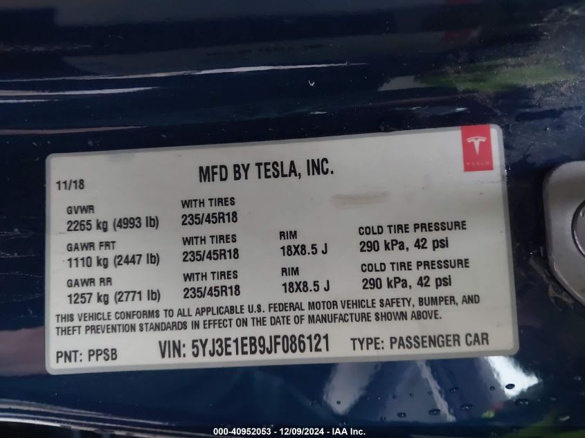 VIN 5YJ3E1EB9JF086121 2018 Tesla Model 3, Long Rang... no.9