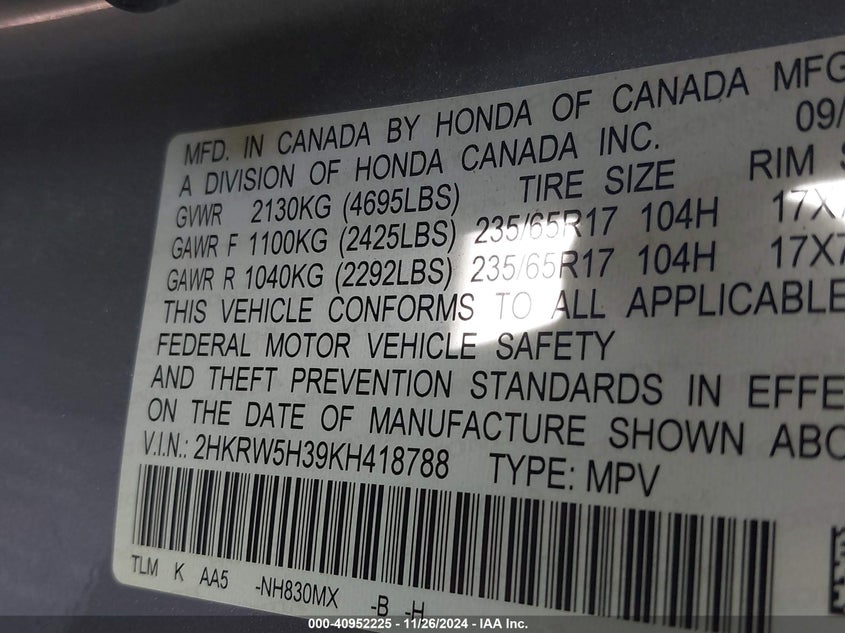 2019 HONDA CR-V LX - 2HKRW5H39KH418788