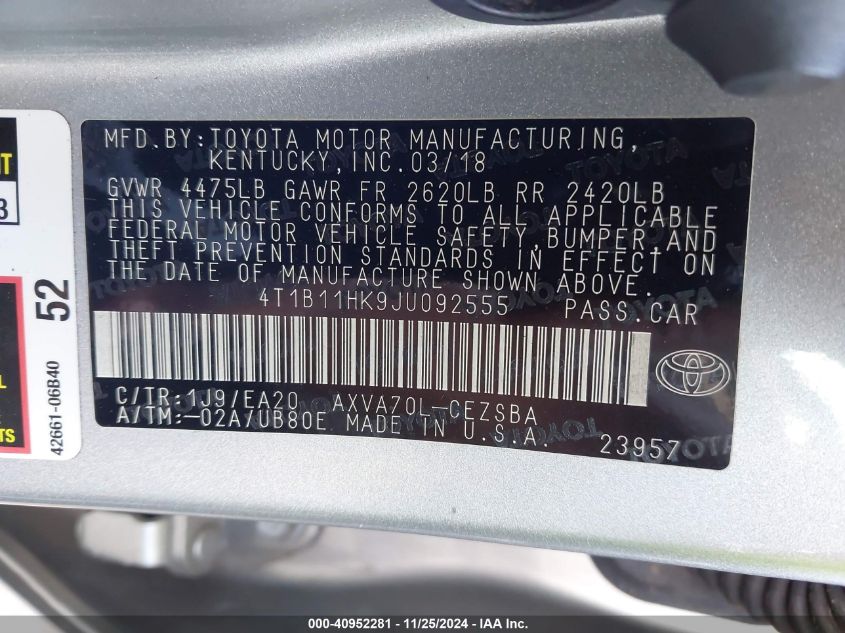 VIN 4T1B11HK9JU092555 2018 TOYOTA CAMRY no.9