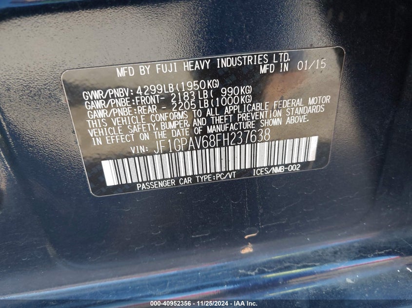 2015 SUBARU IMPREZA 2.0I SPORT LIMITED - JF1GPAV68FH237638