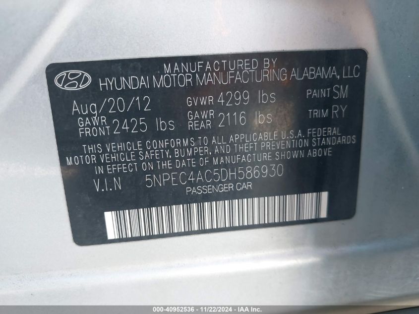 2013 Hyundai Sonata Limited VIN: 5NPEC4AC5DH586930 Lot: 40952536