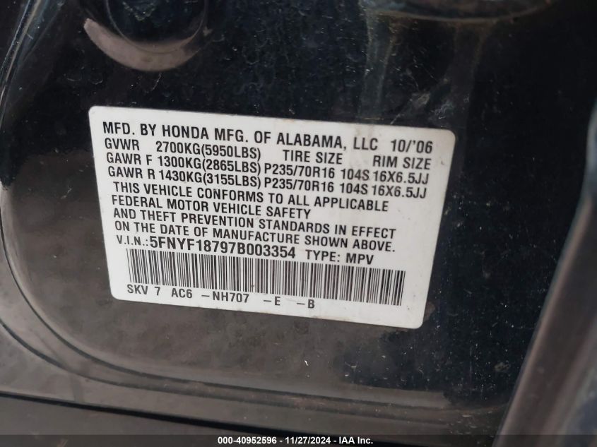 2007 Honda Pilot Ex-L VIN: 5FNYF18797B003354 Lot: 40952596