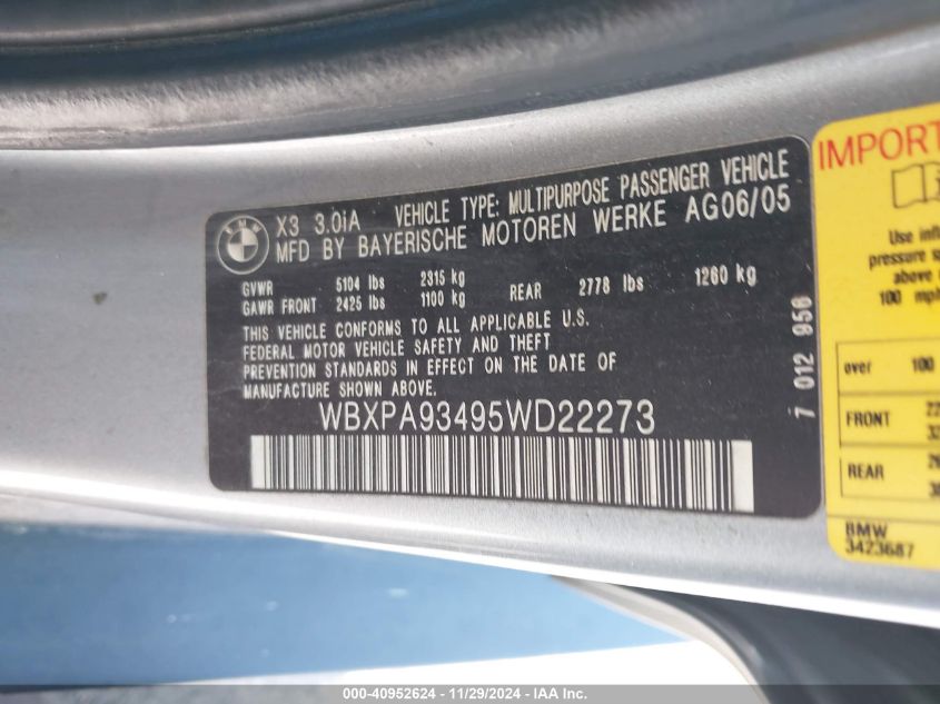 2005 BMW X3 3.0I VIN: WBXPA93495WD22273 Lot: 40952624