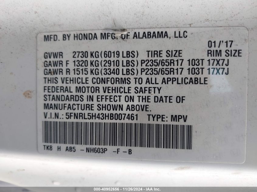 VIN 5FNRL5H43HB007461 2017 Honda Odyssey, EX no.9