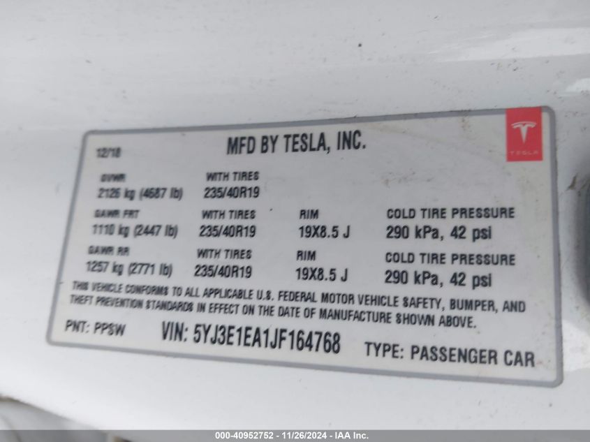 VIN 5YJ3E1EA1JF164768 2018 Tesla Model 3, Long Rang... no.9