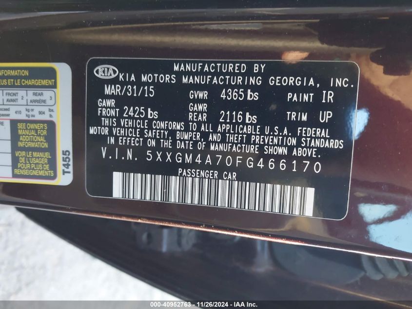 VIN 5XXGM4A70FG466170 2015 KIA Optima, LX no.9