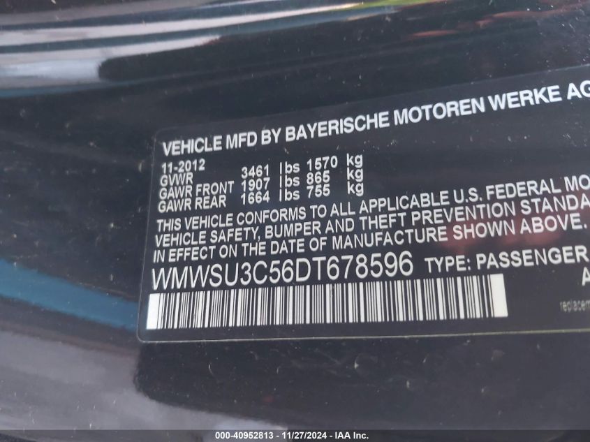 2013 Mini Hardtop Cooper VIN: WMWSU3C56DT678596 Lot: 40952813