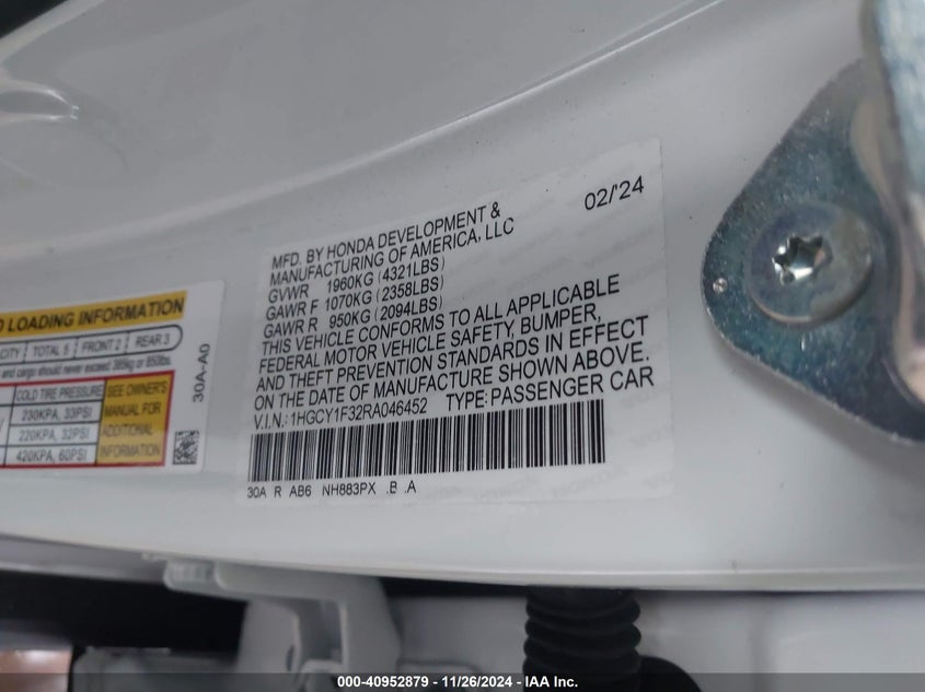 2024 HONDA ACCORD VIN: 1HGCY1F32RA046452