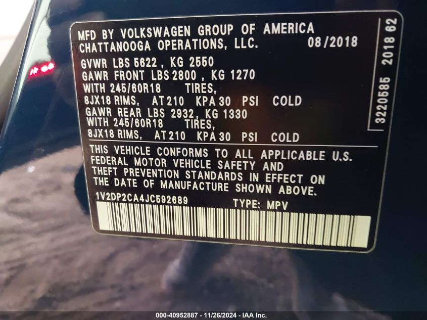 VIN 1V2DP2CA4JC592689 2018 Volkswagen Atlas, 2.0T S... no.9