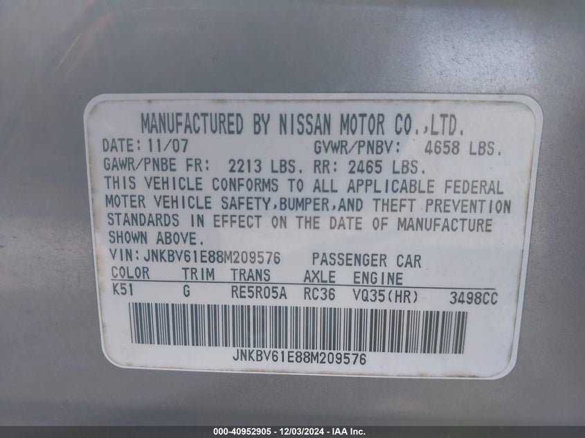 2008 INFINITI G35 VIN: JNKBV61E88M209576