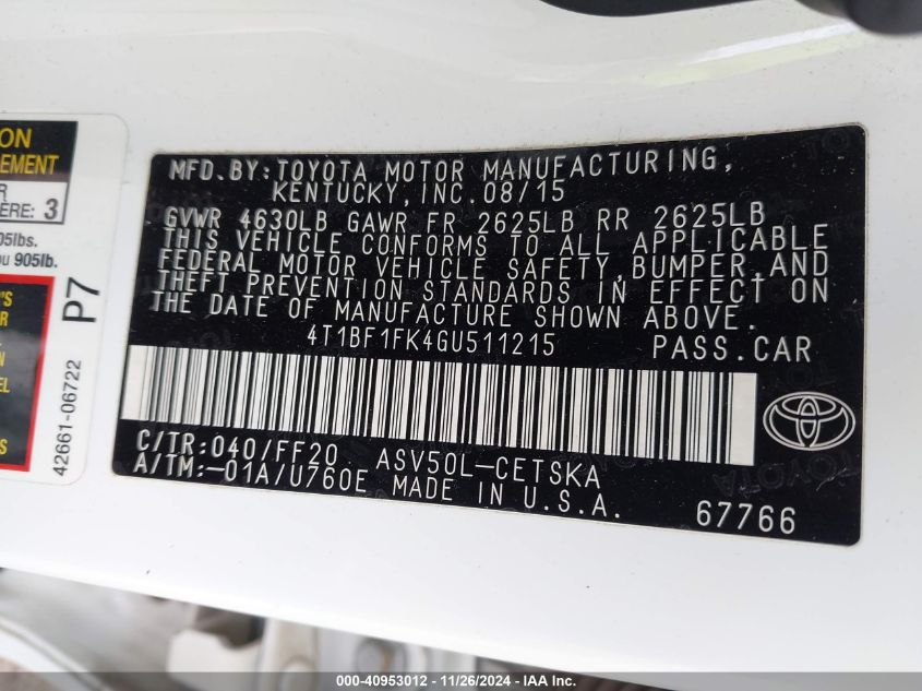 VIN 4T1BF1FK4GU511215 2016 Toyota Camry, SE no.9