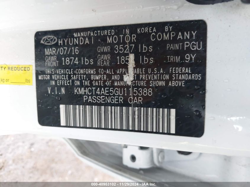 VIN KMHCT4AE5GU115388 2016 Hyundai Accent, SE no.9