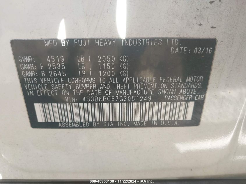 2016 Subaru Legacy 2.5I Premium VIN: 4S3BNBC67G3051249 Lot: 40953130