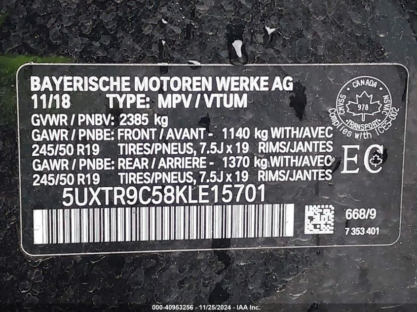 VIN 5UXTR9C58KLE15701 2019 BMW X3, Xdrive30I no.9