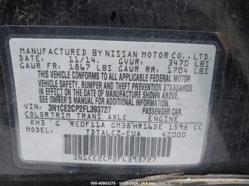 VIN 3N1CE2CP2FL393727 2015 Nissan Versa, Note S Plus no.9