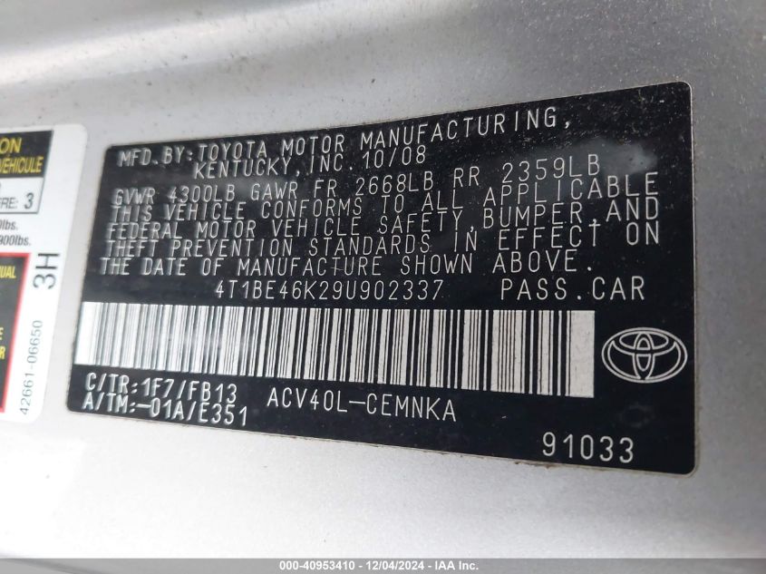 2009 Toyota Camry VIN: 4T1BE46K29U902337 Lot: 40953410