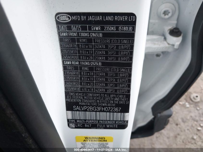 VIN SALVP2BG3FH072367 2015 Land Rover Range Rover,... no.9