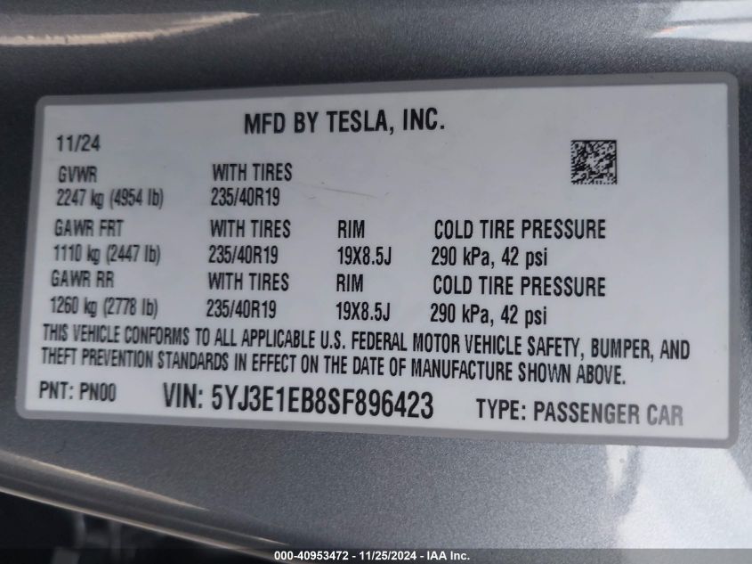 VIN 5YJ3E1EB8SF896423 2025 Tesla Model 3, Long Rang... no.9