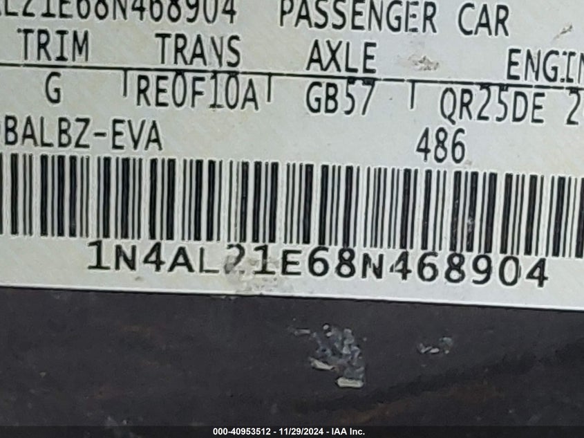 2008 NISSAN ALTIMA VIN: 1N4AL21E68N468904
